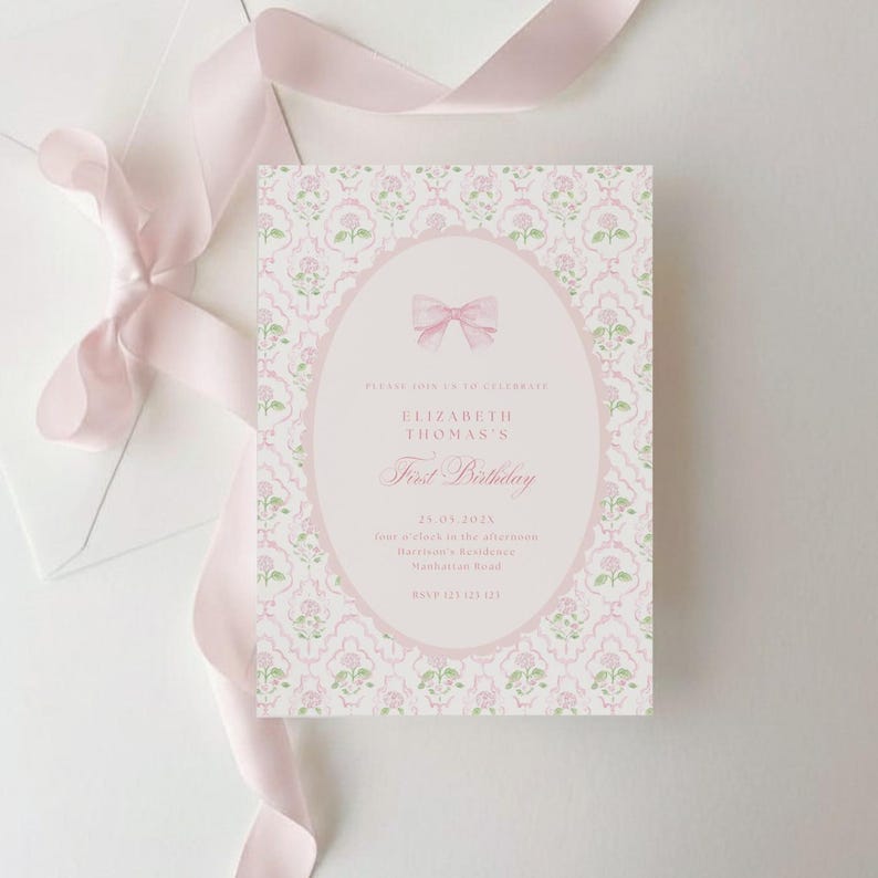 Vintage Pink Bow Floral Birthday Invitation, Elegant Coquette Bow Floral Birthday Invitation, First Birthday Preppy Bow Birthday Invite, FBD
