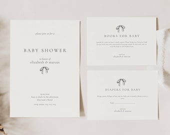 Könnte beinhalten: Drei cremefarbene Babyparty-Einladungskarten. Die Hauptkarte trägt die Aufschrift "Baby Shower" und listet die Geehrten, das Datum und den Ort auf. Zwei kleinere Karten bitten um Bücher und Windeln für das Baby, mit den Namen "elizabeth & marcus".