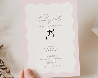 Pink 21st Birthday Invite, 21st Birthday Invitation, Modern 21st Birthday Invite Girl, Black Bow 21st Birthday, Twenty First Birthday, BOW2