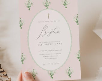 Vintage Floral Baptism Invitation Girl, Pink Classic Grandmillennial Baptism, Pink Green Floral Baptism Invitation, Vintage Christening BP01