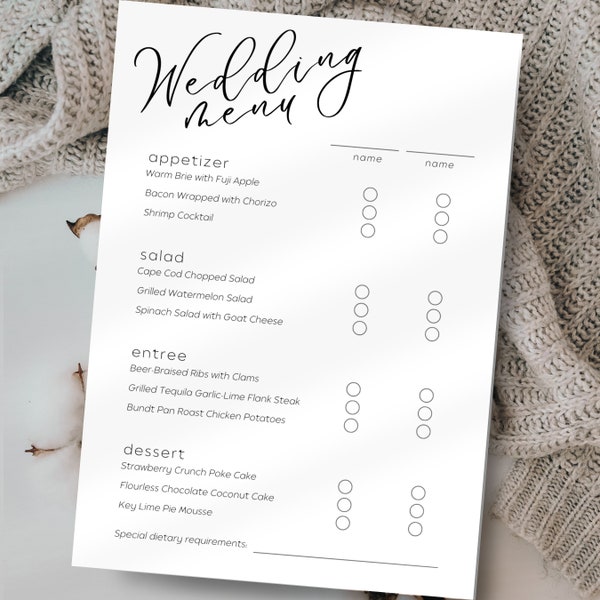 Meal Options Wedding Invitations | Instant Download | Menu Choice Card | Meal Choice Card For Wedding Invitation Suite | Wedding Menu Option