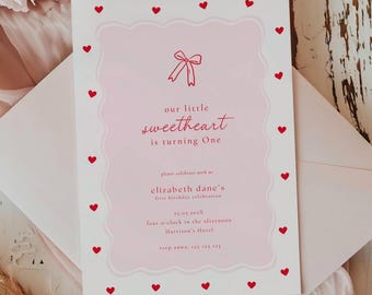 Our Little Sweetheart Is One, Sweetheart Turning One Invitation, Pink Hearts First Birthday Party Invitation, Valentine First Birthday