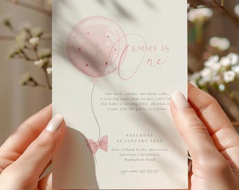 1st Birthday Pink Balloon Girl, One Little Balloon Pink Birthday Girl, Girl First Birthday Invitation Pink Balloon, One Year Birthday, MC01
