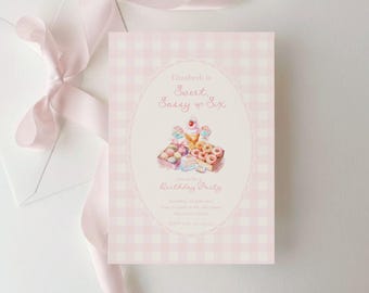 Sweet Sassy and Six Birthday Invitation, Candy 6th Birthday, Pink Gingham (Editable Template)