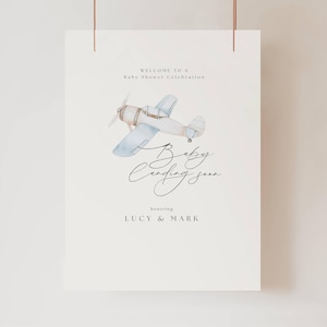 Vintage vliegtuig babyshower welkomstposter, landing binnenkort babyshower uitnodigen, vliegtuig babyshower uitnodigen, blauwe vliegtuig landing binnenkort, AH11
