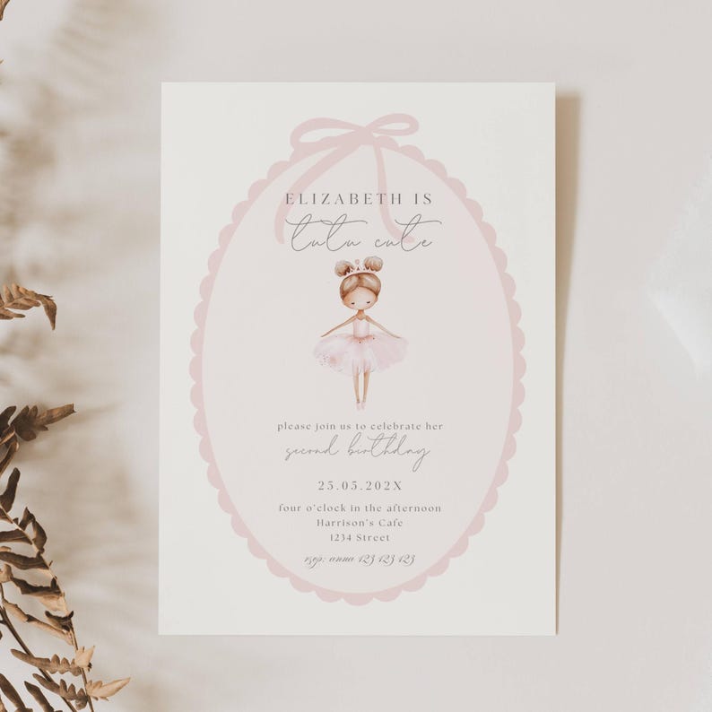 Tutu Cute 2nd Birthday Invitation, Tutu Cute Birthday Invitation, Pink Ballerina Invite, Ballet Pink Birthday Invitation, Pink Tutu Birthday Invitation Template, Ballerina Birthday with Bow Invitation Template