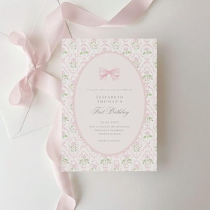 Vintage Pink Bow Floral Birthday Invitation, Elegant Coquette Bow Floral Birthday Invitation, First Birthday Preppy Bow Birthday Invite, FBD