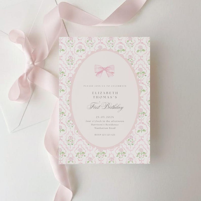 Vintage Pink Bow Floral Birthday Invitation, Elegant Coquette Bow Floral Birthday Invitation, First Birthday Preppy Bow Birthday Invite, FBD