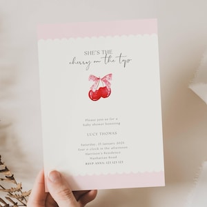Inviti per baby shower "She Is The Cherry On Top", invito per baby shower per bambine "She Is The Cherry On Top", invito per baby shower con fiocco rosa e ciliegia, CP01