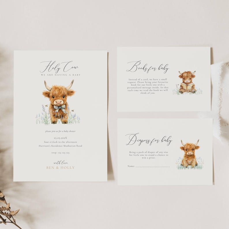 Highland Cow Baby Boy Invite Baby Shower, Boho Highland Cow Baby Shower Invite, Oh Holy Cow We Are Having a Baby Boy, Cow Baby Shower