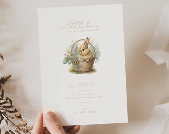 Zaproszenie na baby shower z motywem króliczka: Jakiś króliczek w drodze, boho, rustykalny, wielkanocny (edytowalny szablon)