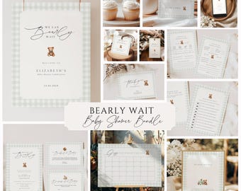 Könnte beinhalten: Eine Sammlung von Babyparty-Papeterie mit Teddybären-Motiv. Enthält Einladungen, Dankeskarten, einen Kalender und andere dekorative Elemente. Das Design zeigt ein weiches grün-weißes Vichy-Muster und den Text "Bearly Wait".
