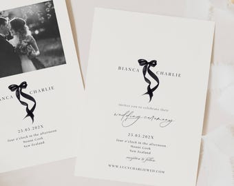 Plantilla de invitación de boda con lazo, conjunto de invitación de boda con lazo negro, conjunto de invitación con lazo de cinta, conjunto de invitación de boda con lazo negro moderno WD01