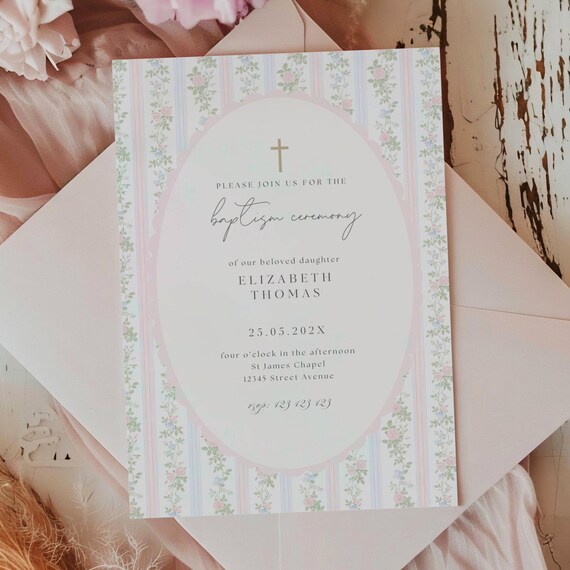 Grandmillennial Baptism invitation, Pink Blue Green Floral Baptism Invite, Classic Grandmillenial Baptism Girl, Vintage Baptism Girl