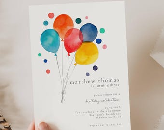 Rainbow Balloon Birthday Invitation, Colorful Rainbow Balloon Invitation, Boy Birthday Rainbow Balloon, 1st Birthday Colouful Balloon, MC01