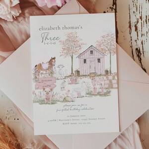 Pink Farm Birthday Invitation, Three-I-E-I-O 3rd Birthday Invite, Barnyard Girl Party, Farm Animal Party, 3rd Birthday Farm Invite Girl Invitation Template