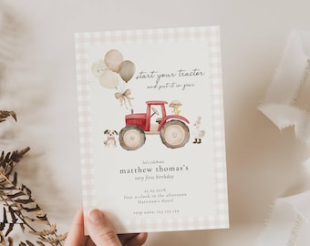 May include: A rectangular birthday invitation card with a light beige gingham border. The design features a red tractor, a puppy, a duck, and balloons. Text reads: start your tractor and put it in gear, let's celebrate matthew thomas's very first birthday.