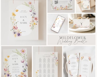 Wildflower-uitnodigingsset met rsvp QR-code, bruiloftsuitnodiging met wilde bloemen, bruiloftsuitnodiging met bloemen, sjabloonsuite bruiloftsuitnodiging, lentebruiloft, WD01
