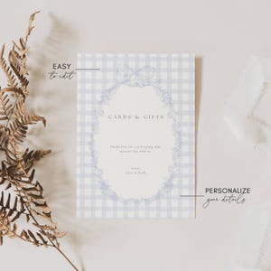 Blue Gingham Baby Shower Table Signs, Classic Gingham Boy Baby Shower Table Sign, Light Blue Plaid Baby Shower Table Sign, Cards and Gift Baby Shower Blue Gingham Sign Template