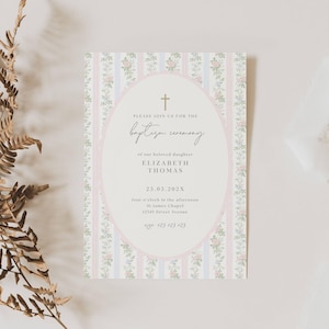 Grandmillennial Baptism invitation, Pink Blue Green Floral Baptism Invite, Classic Grandmillenial Baptism Girl, Vintage Baptism Girl