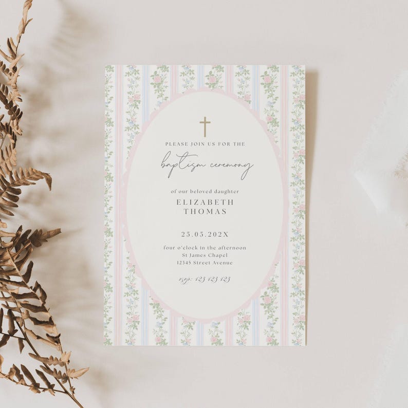 Grandmillennial Baptism invitation, Pink Blue Green Floral Baptism Invite, Classic Grandmillenial Baptism Girl, Vintage Baptism Girl