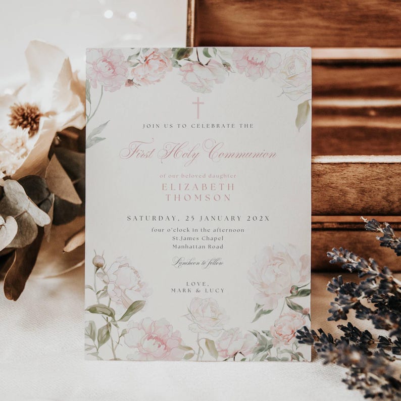 Pink First Holy Communion Invitation Template, Pink Floral First Holy ...