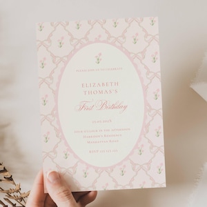 Vintage Pink Bow Floral Birthday Invitation, Elegant Coquette Bow Floral Birthday Invitation, First Birthday Preppy Bow Birthday Invitation Template