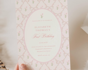 Vintage Pink Bow Floral Birthday Invitation, Eleganckie zaproszenie urodzinowe z kokardą w kwiaty, Pierwsze urodziny Preppy Bow Birthday Invite, FBD