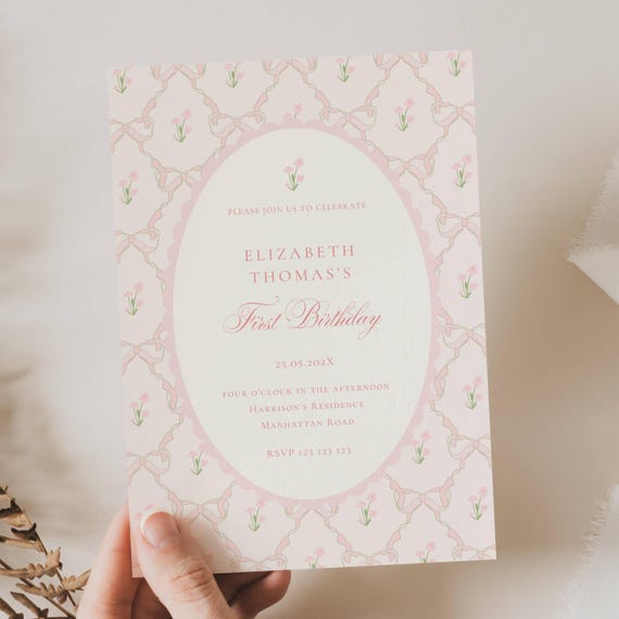 Vintage Pink Bow Floral Birthday Invitation, Elegant Coquette Bow Floral Birthday Invitation, First Birthday Preppy Bow Birthday Invite, FBD