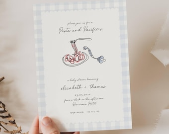 Invitación para baby shower de pasta y chupetes - Tema italiano (plantilla editable), ilustración dibujada a mano, manuscrita, a cuadros