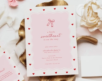 A Little Sweetheart Is On The Way Baby Shower Invitation, Red Hearts, Pink Valentine Baby (Editable Template)