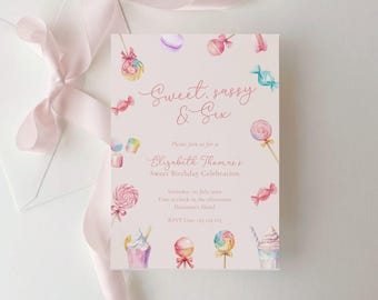 Sweet Sassy Six Birthday Invitation: Candy Theme, 6th Birthday Girl (Editable Template)