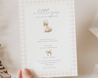 Invitación para baby shower de ganso con cuadros vichy neutros, Baby shower "Un pequeño ganso está en camino", Baby shower "Un ganso divertido está en camino", DCK