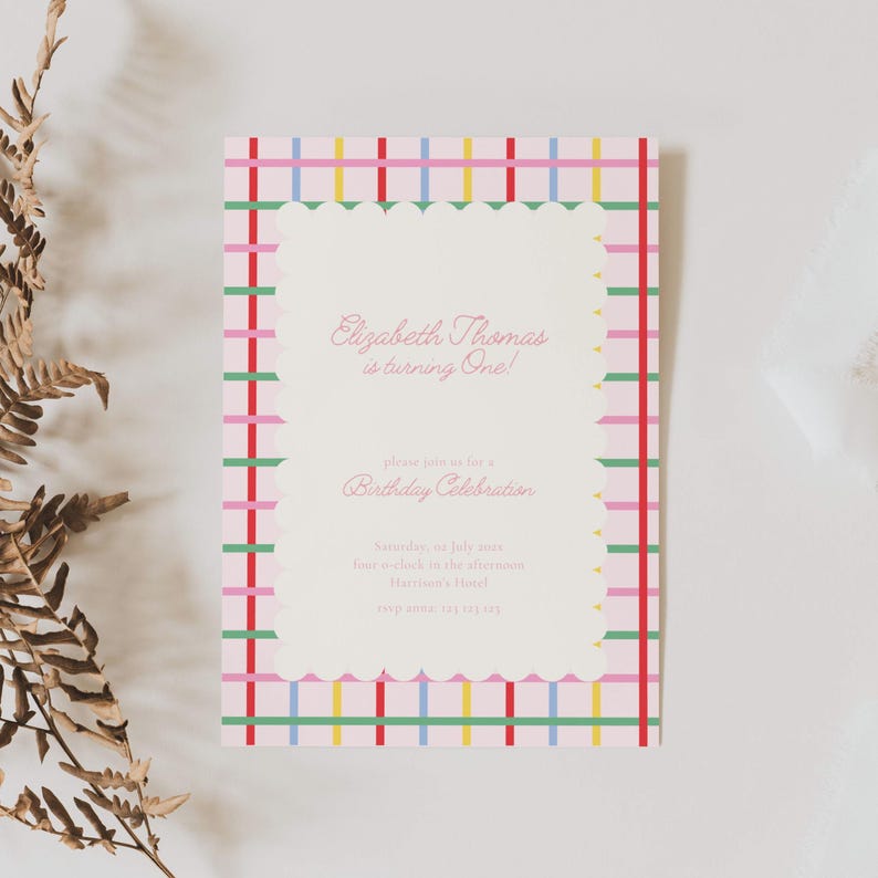 First Birthday Invite Primary Colors: Colorful Birthday Girl, Stripes (Editable Template)
