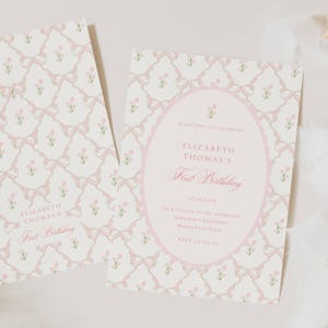Vintage Pink Bow Floral Birthday Invitation, Elegant Coquette Bow Floral Birthday Invitation, First Birthday Preppy Bow Birthday Invitation Template