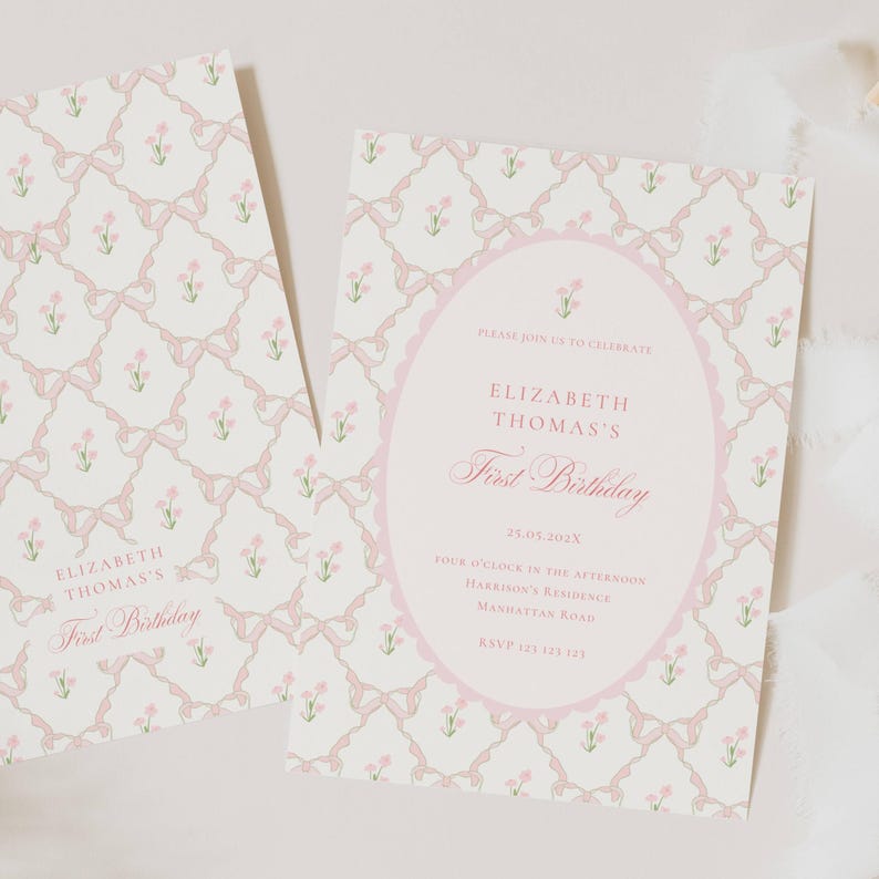 Vintage Pink Bow Floral Birthday Invitation, Elegant Coquette Bow Floral Birthday Invitation, First Birthday Preppy Bow Birthday Invitation Template