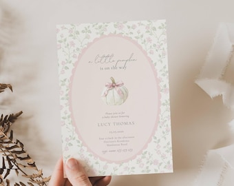 Vår lilla pumpa är på väg, Inbjudan till babyshower med liten pumpa i färgen, Rosa rosett, liten pumpa-inbjudan till babyshower, Pretty