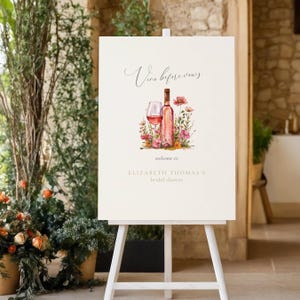 Panneau de bienvenue pour la douche nuptiale Vino Before Vows : thème du vin (modèle modifiable), floral