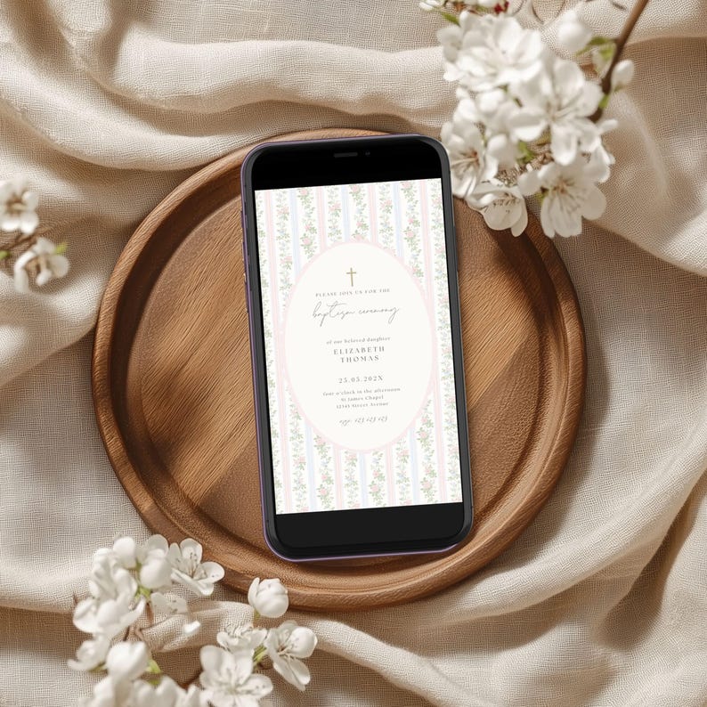 Grandmillennial Baptism invitation, Pink Blue Green Floral Baptism Invite, Classic Grandmillenial Baptism Girl, Vintage Baptism Girl
