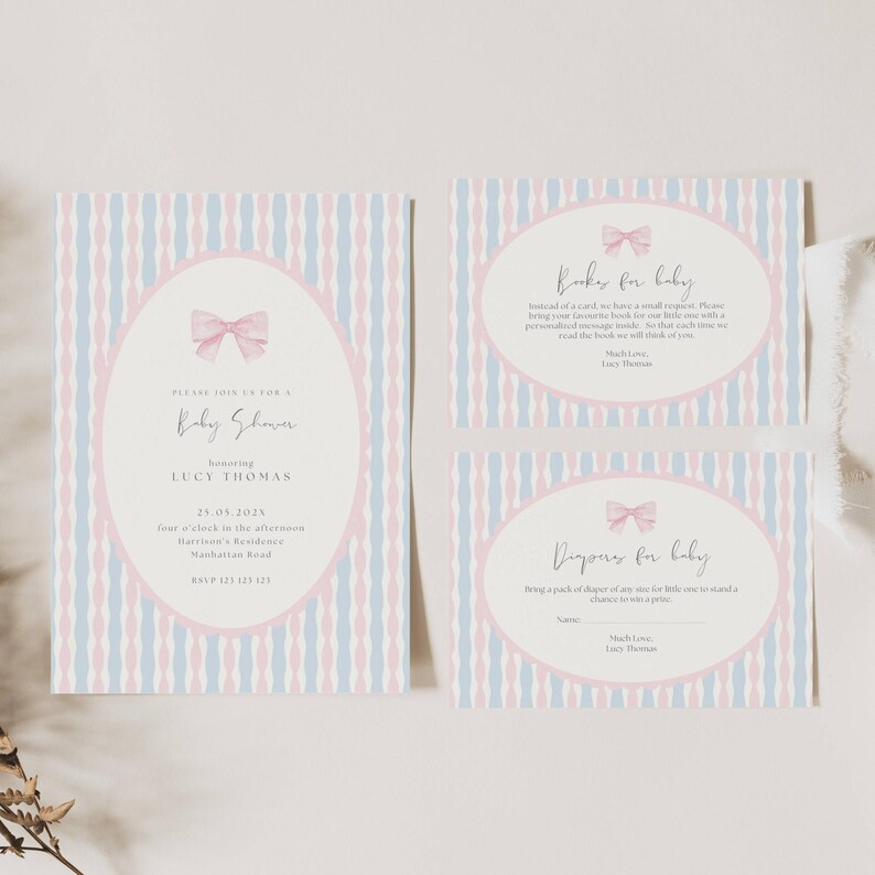 Girl Vintage Baby Shower Invitation, Classic Baby Shower Girl Invitation, Pink Blue Baby Shower, Pink Bow Baby Shower Invitation Template