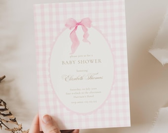Pink Gingham Bow Baby Shower Invitations, Classic Gingham Girl Baby Shower Invite, Pink Plaid Baby Shower Invite, Gingham Baby Sprinkle