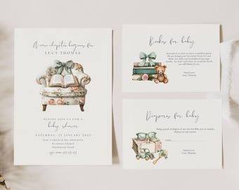 A New Chapter Baby Shower Invite Boy Green, Boy Baby Shower A New Chapter Green, A New Chapter Begins Storybook Baby Shower Boy Green, FB02