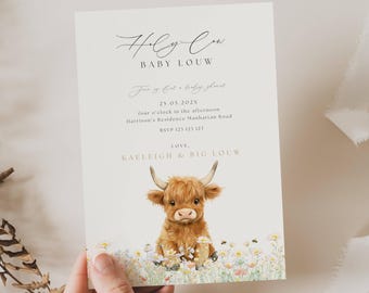 Highland Cow Baby Shower Invitation: Boho Highland Cow, Oh Holy Cow (Editable Template), Gender Neutral