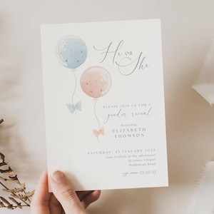 Gender Reveal Einladungsvorlage, Junge oder Mädchen Rosa Blaue Luftballons, Bow Gender Reveal Invite, Er oder Sie Babyparty-Einladungsballon, GR01