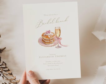 Invitation brunch nuptiale : douche nuptiale, prosecco, crêpe, noeud rose, coquette (modèle modifiable)