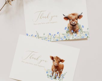 Hochlandkuh-Babyparty-Dankeskarte: Heilige Kuh, wir bekommen ein Baby, blaue Wildblumen (editierbare Vorlage)
