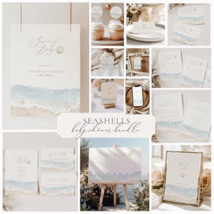 May include: A collection of baby shower stationery with a seaside theme. Includes invitations, thank you cards, and a welcome sign. The designs feature watercolour illustrations of the ocean, sand, and seashells. The text on the items is in elegant script.