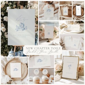 May include: A collage of stationery items with a floral theme. Includes a welcome sign, invitation cards, table cards, and cupcake toppers. The design features blue floral illustrations and the text "New Chapter Toile Bridal Shower Bundle."