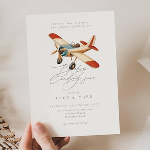 Uitnodiging babyshower binnenkort landing, vintage vliegtuig babyshower uitnodiging, babyshower vintage vliegtuig, rood vliegtuig landing binnenkort baby, AH11