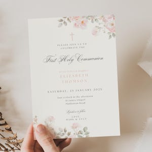 Pink First Holy Communion Invitation Template, Pink Floral First Holy Communion Invite, Girl First Holy Communion Invite, 1st Communion BP01